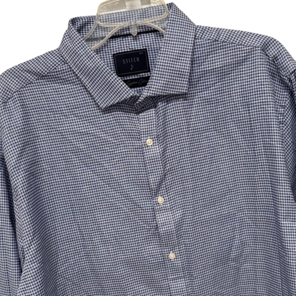 Stitch Mens XXL Blue White Micro Houndstooth 100% Egyptian Cotton Button Down